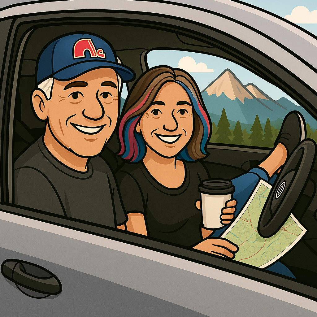 Two fifty year olds sitting in a car on a road trip.