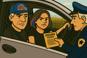 Two people in car getting a speeding ticket