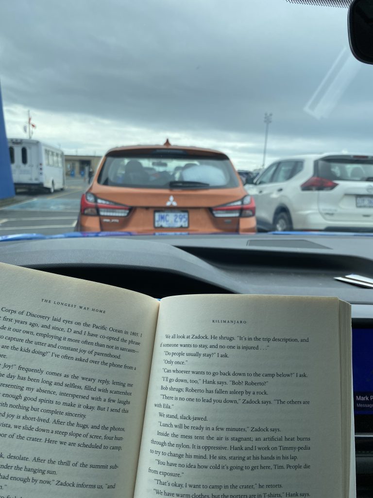 reading in car while in line up for ferry