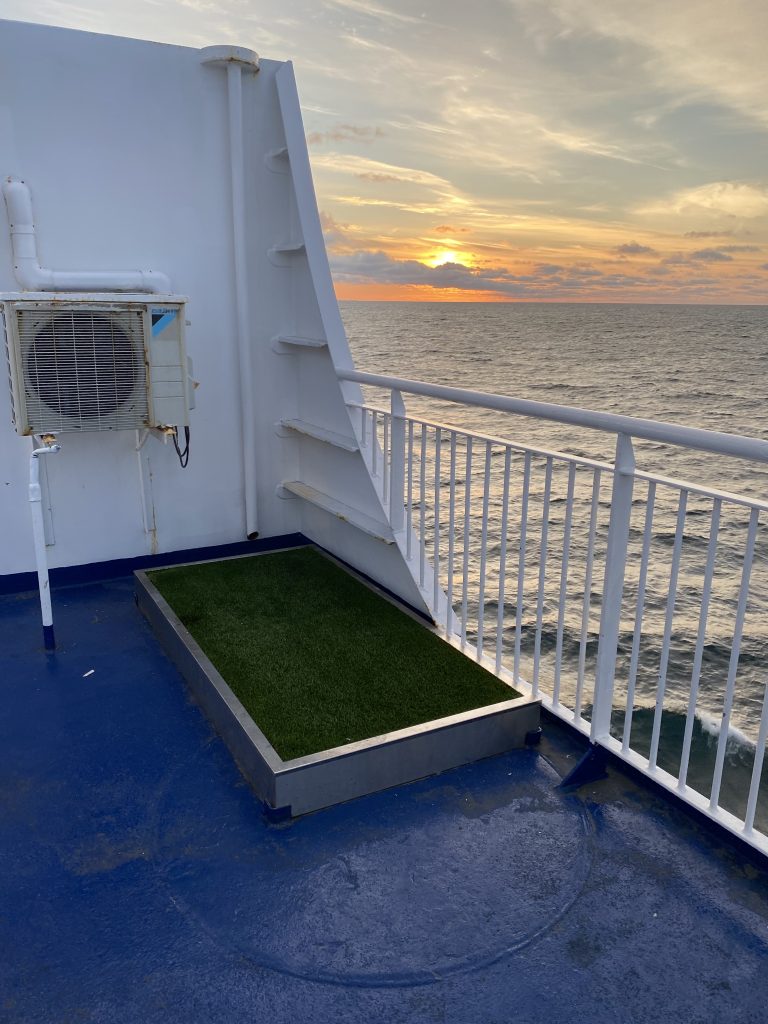dog pee spot on ferry with sunset in background