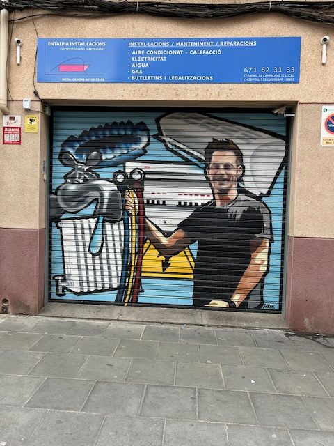 plumber with tools painted on roller shade