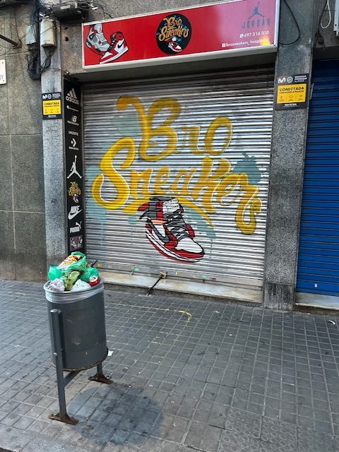 "Bro Sneakers' written on roller shade with shoe painting