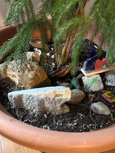 Base of plant pot filled with rocks